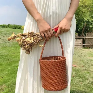 Handwoven Genuine Leather Bucket Bag, Woven Triple Jump Bamboo Ladies Handbag, Weekend Basket Bag, Summer Beach Bag, Coffee, Brown bucket bags for sale