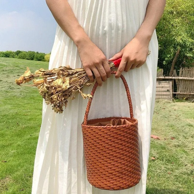Handwoven Genuine Leather Bucket Bag, Woven Triple Jump Bamboo Ladies Handbag, Weekend Basket Bag, Summer Beach Bag, Coffee, Brown bucket bags for sale