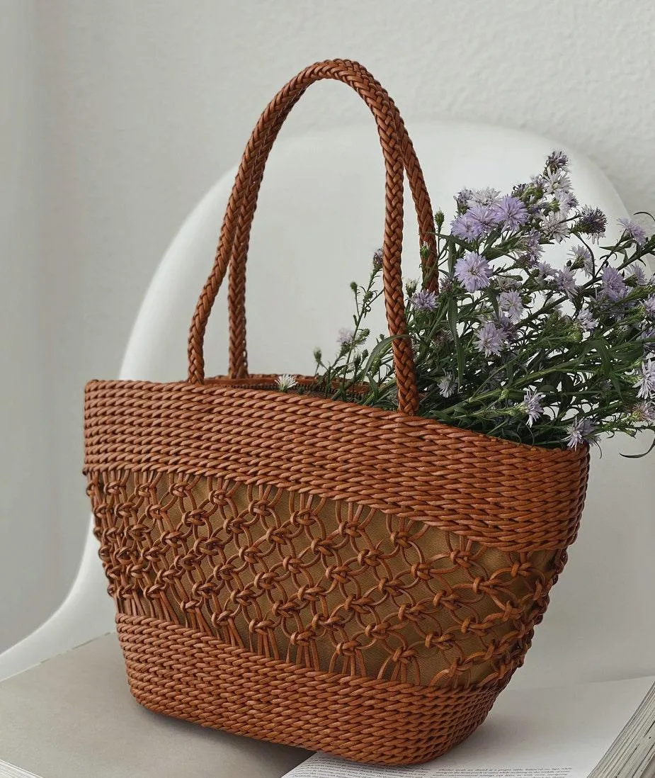 Handwoven Interwoven Cowhide Leather Tote Bag, Small Handle Bucket Bag, Woven Purse Women Classic Bag, Designer Basket Bag, Summer Beach Bag bucket bags for sale