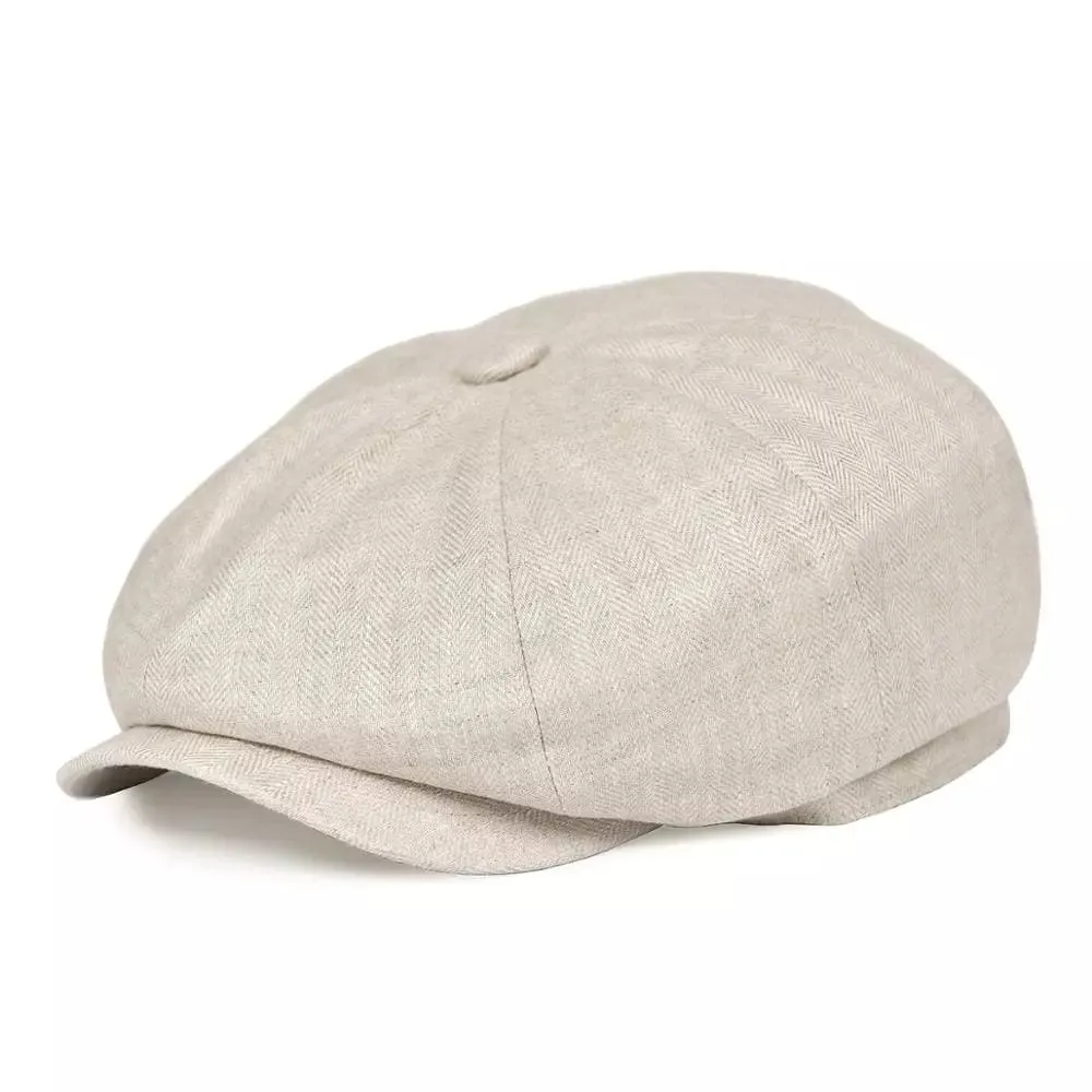 Hardy Linen Newsboy Cap stylish boater hat with ribbon on model