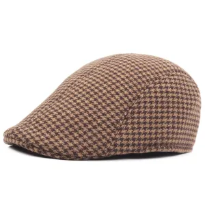 Harris Houndstooth Flat Cap stylish boater hat with ribbon on model