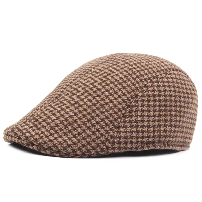 Harris Houndstooth Flat Cap stylish boater hat with ribbon on model