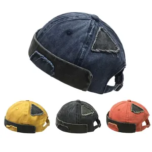 Hawik Vintage Denim Docker Cap stylish boater hat with ribbon on model