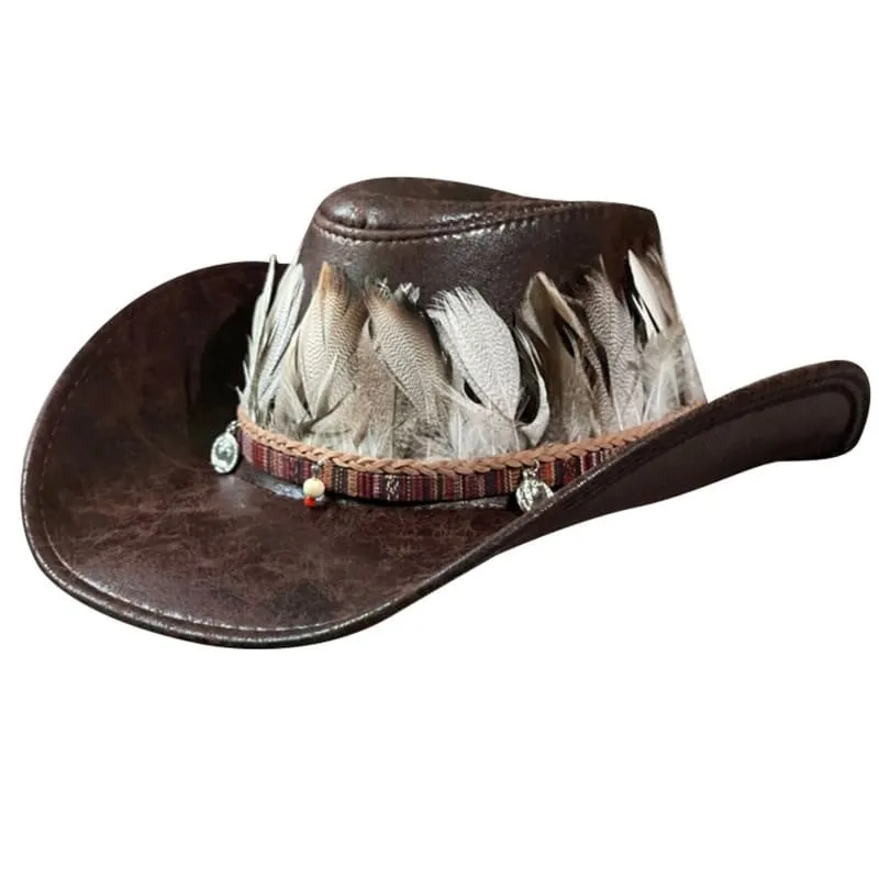 Hays Feathers Leather Cowboy Hat boater hat with bow in beach sunlight