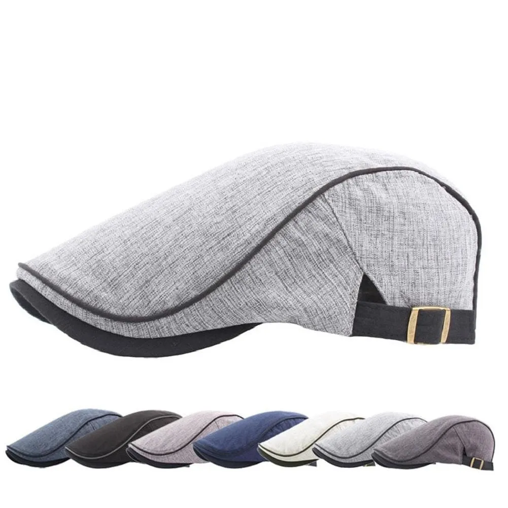 Hendricks Plain Cotton Flat Cap stylish boater hat with ribbon on model