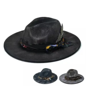 Hereford Retro Handmade Burned Fedora Hat stylish boater hat with ribbon on model