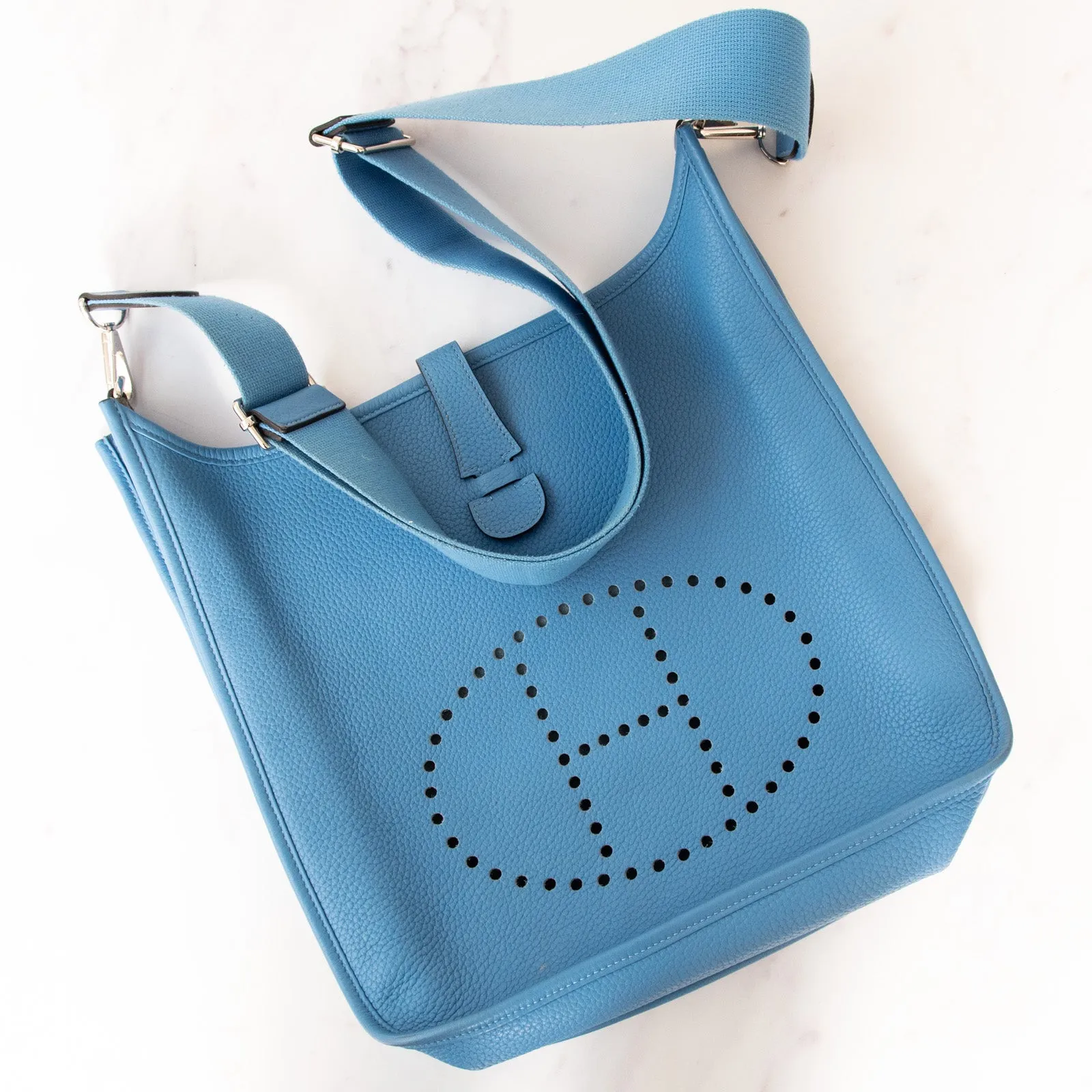 Hermes Blue Jean Leather Evelyne 29 Bag handbags sale 80% off