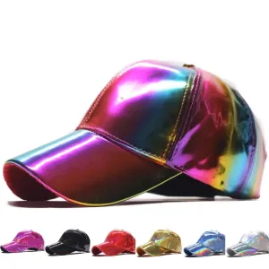 Holographic Leather Baseball Cap stylish boater hat with ribbon on model