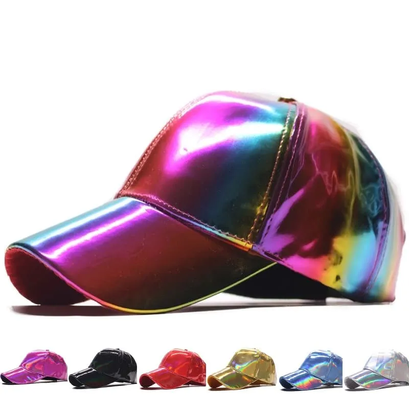 Holographic Leather Baseball Cap stylish boater hat with ribbon on model