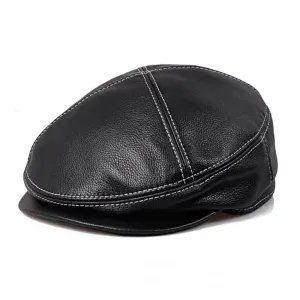 Hudson Black Genuine Leather Flat Cap boater hat with bow in beach sunlight