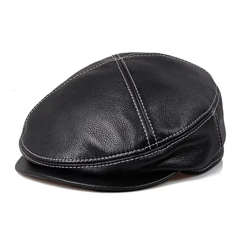 Hudson Black Genuine Leather Flat Cap boater hat with bow in beach sunlight