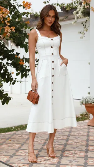 Indigo Midi Dress - White Denim,prom dresses,wedding guest dresses,homecoming dresses,bridesmaid dresses,cocktail dresses,women clothing,summer dresses,formal dresses,sundresses,mother of the bride dresses,quince clothing,bodycon dress,dress casual,dress d