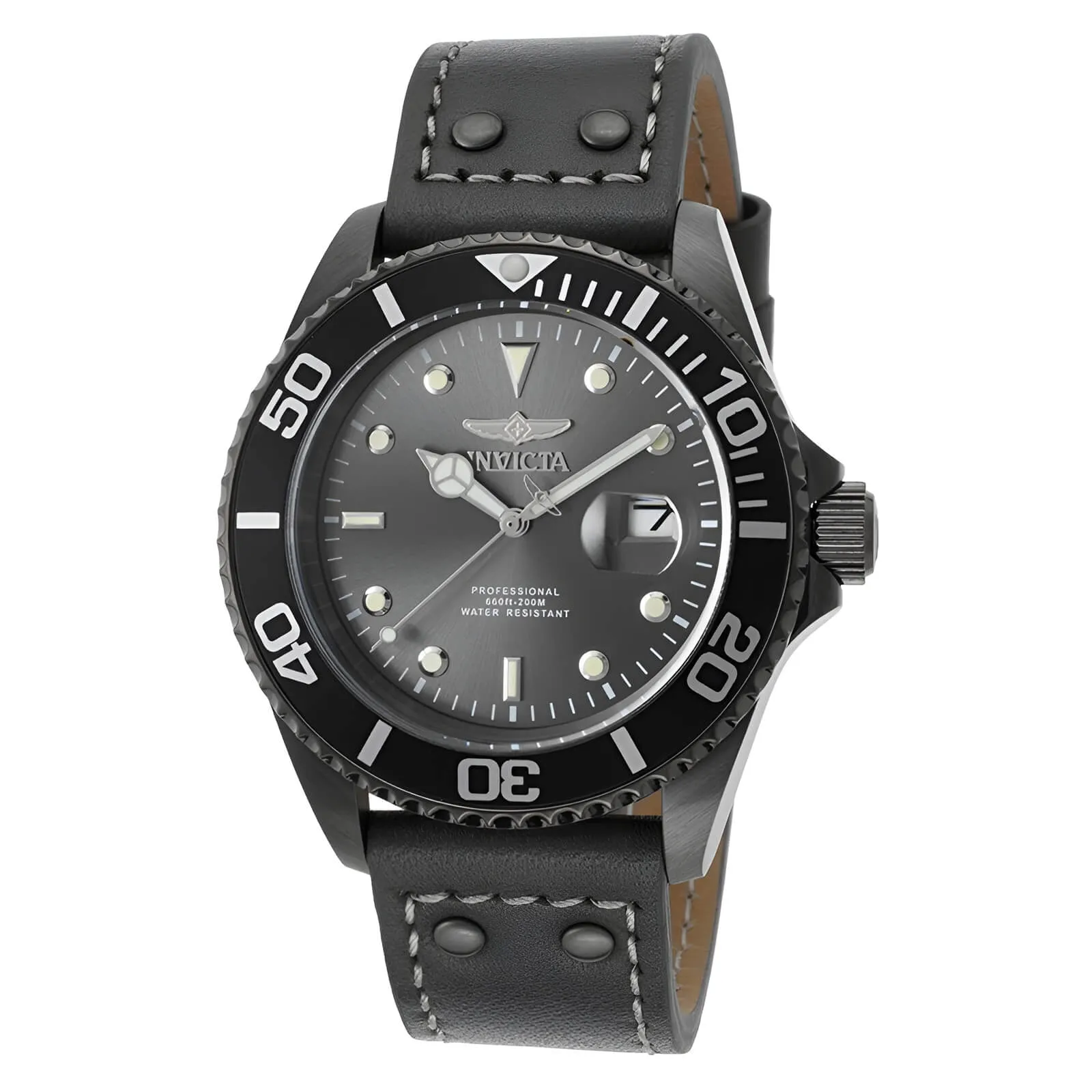 Invicta Men's Grey Leather Strap Watch - Pro Diver Quartz Grey Dial Dive | 22077 