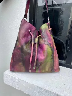 Italian Luxury Cowhide Leather Drawstring Bucket Bag in Camouflage Purple, Women Handcrafted High-End Genuine Leather Shoulder Bag bucket bags for sale