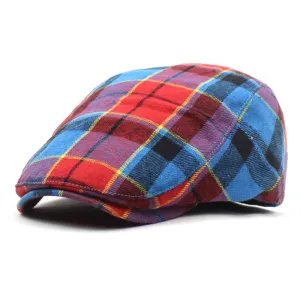 James Tartan Cotton Flat Cap stylish boater hat with ribbon on model