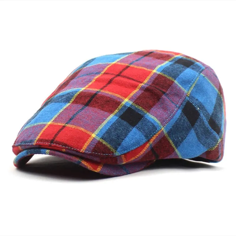 James Tartan Cotton Flat Cap stylish boater hat with ribbon on model