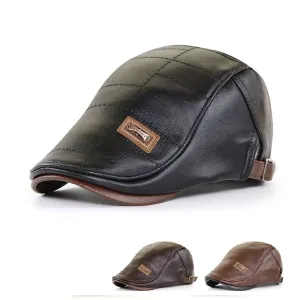 Jamont Leather Flat Cap stylish boater hat with ribbon on model