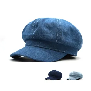 J&J Blue Denim Newsboy Cap stylish boater hat with ribbon on model