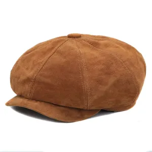J&J Genuine Suede Leather Newsboy Cap stylish boater hat with ribbon on model