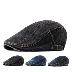 J&L Denim Cotton Flat Cap stylish boater hat with ribbon on model