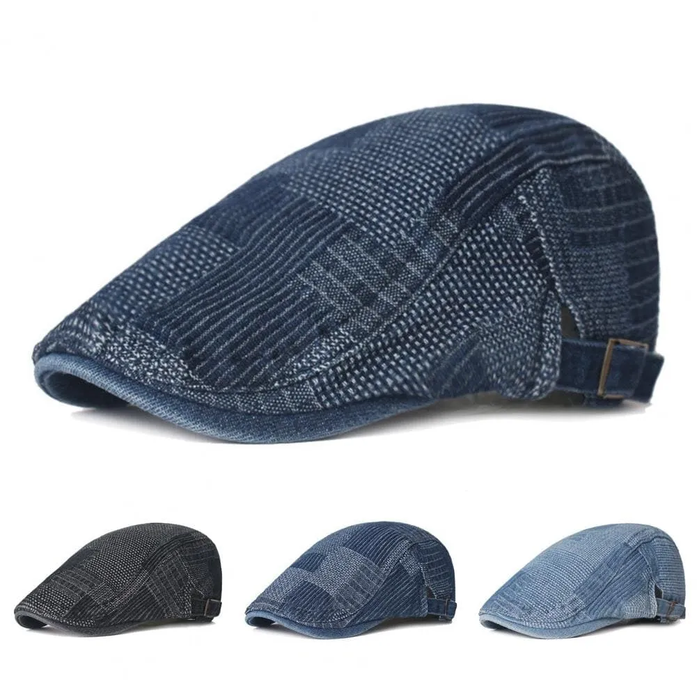 J&L Patchwork Denim Flat Cap boater hat with bow in beach sunlight