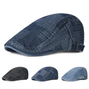 J&L Patchwork Denim Flat Cap boater hat with bow in beach sunlight