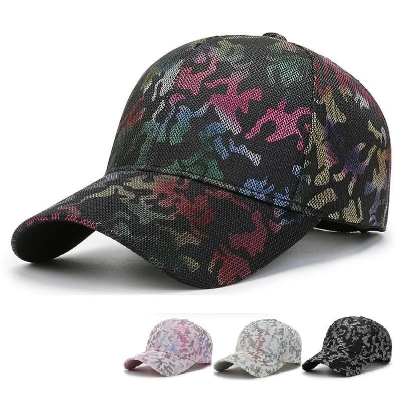 J&M Bright Camouflage Baseball Cap boater hat with bow in beach sunlight
