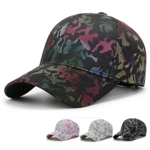 J&M Bright Camouflage Baseball Cap boater hat with bow in beach sunlight