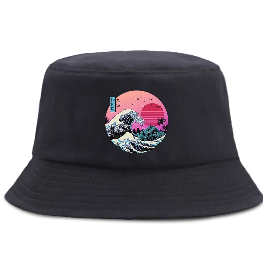 Japanese Anime Wave Bucket Hat stylish boater hat with ribbon on model