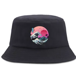Japanese Anime Wave Bucket Hat stylish boater hat with ribbon on model