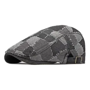 Jaxon Patchwork Cotton Flat Cap boater hat with bow in beach sunlight