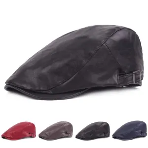 Jerome Leather Flat Cap stylish boater hat with ribbon on model