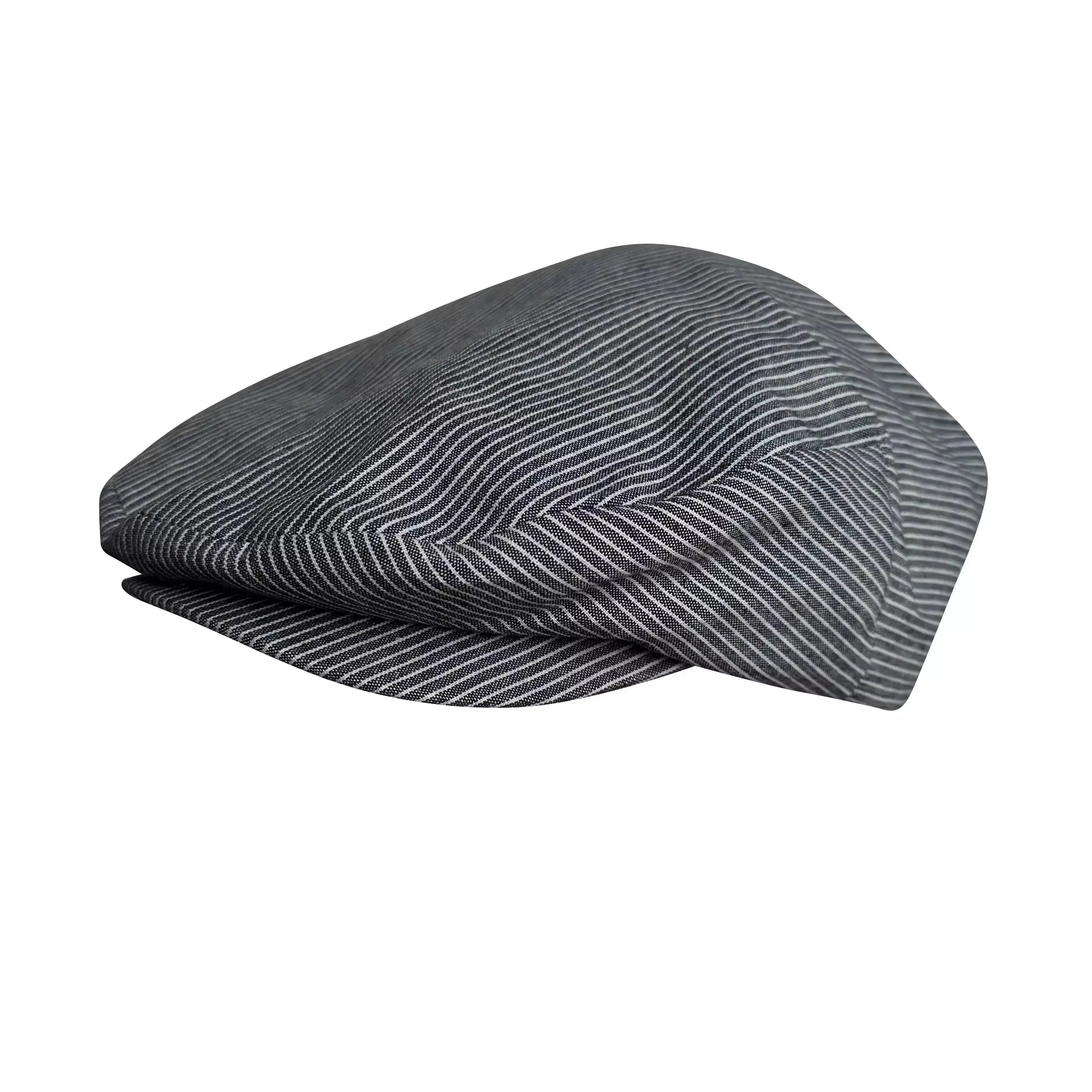 Jersey Gray Striped Linen Flat Cap boater hat with bow in beach sunlight