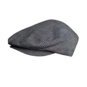 Jersey Gray Striped Linen Flat Cap boater hat with bow in beach sunlight