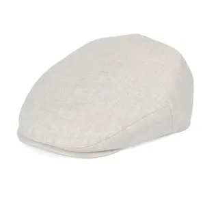 JM Herringbone Linen Flat Cap stylish boater hat with ribbon on model