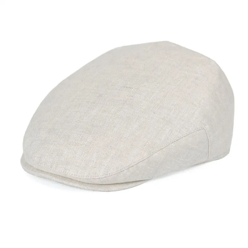 JM Herringbone Linen Flat Cap stylish boater hat with ribbon on model