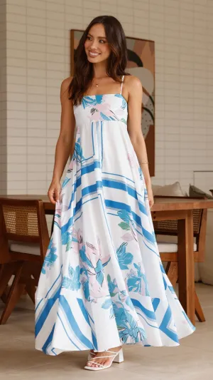 Kaethe Maxi Dress - White/Blue,prom dresses,wedding guest dresses,homecoming dresses,bridesmaid dresses,cocktail dresses,women clothing,summer dresses,formal dresses,sundresses,mother of the bride dresses,quince clothing,bodycon dress,dress casual,dress de