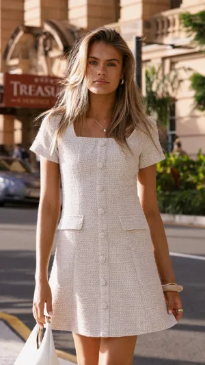 Karen Tweed Mini Dress - White/Brown Marl,prom dresses,wedding guest dresses,homecoming dresses,bridesmaid dresses,cocktail dresses,women clothing,summer dresses,formal dresses,sundresses,mother of the bride dresses,quince clothing,bodycon dress,dress casu
