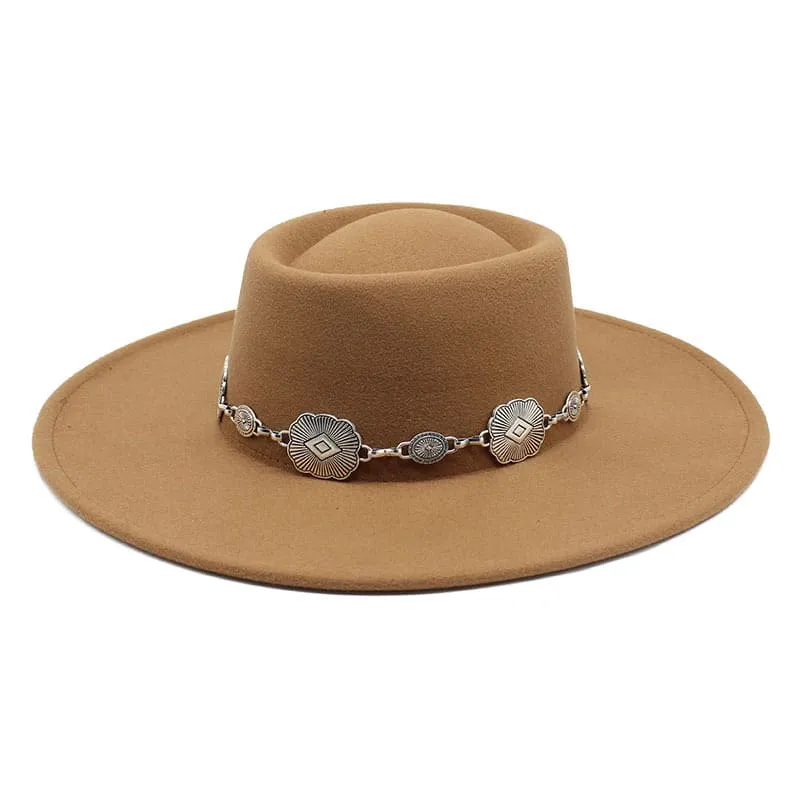 Kayl Wide-Brimmed Porkpie Hat stylish boater hat with ribbon on model