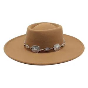 Kayl Wide-Brimmed Porkpie Hat stylish boater hat with ribbon on model