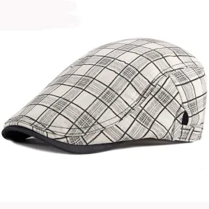 Kendrick Plaid Cotton Flat Cap boater hat with bow in beach sunlight