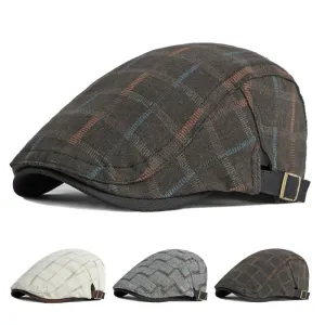 Kerouac Plaid Cotton Flat Cap boater hat with bow in beach sunlight