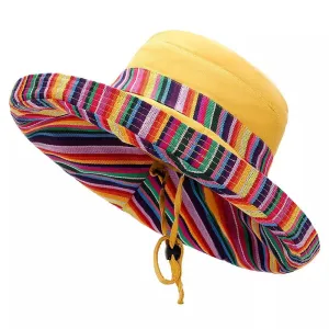 Keruac Multicolor Striped Bucket Hat boater hat with bow in beach sunlight