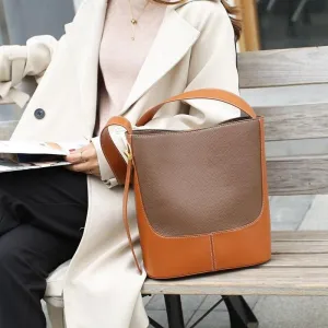 Khaki & Brown Leather Shoulder Bag, Khaki Brown Women Minimalist Handbag, Two-tone Bucket Bag, Women Tote Chic bag bucket bags for sale