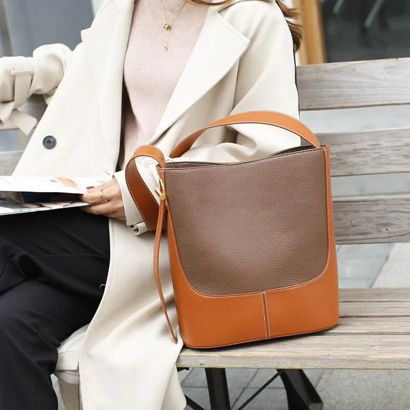 Khaki & Brown Leather Shoulder Bag, Khaki Brown Women Minimalist Handbag, Two-tone Bucket Bag, Women Tote Chic bag bucket bags for sale