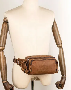Khaki Leather Mens Fanny Pack Brown Waist Bag Hip Pack Belt Bags Bumbag for Men Khaki