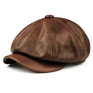 Kingsville Genuine Leather Newsboy Cap stylish boater hat with ribbon on model