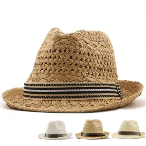 Kirk Summer Straw Trilby Hat stylish boater hat with ribbon on model