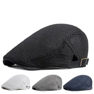 Kruis Breathable Mesh Flat Cap stylish boater hat with ribbon on model