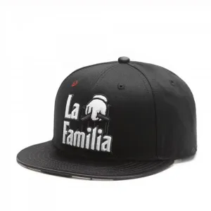 La Familia Black Snapback Cap stylish boater hat with ribbon on model